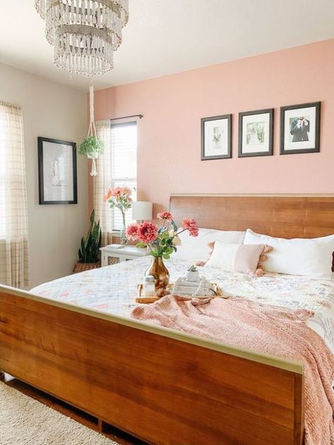 Rose Wall Color, Pink Bedroom Accent Wall, Pink Wall Room Ideas, Peach Accent Wall, Pink Wall Bedroom, Pink Accent Wall Bedroom, Pink Walls Bedroom, Pink Accent Wall, Peach Bedroom