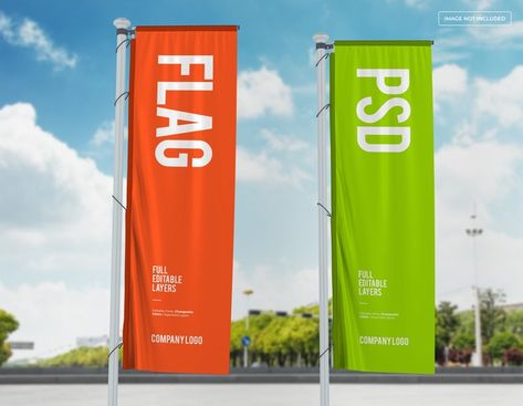 Two vertical flags mockup design on stre... | Premium Psd #Freepik #psd #banner #mockup #sky #flag Flag Mockup, Exhibition Banners, Banner Mockup, Best Flags, Sport Banner, Flag Signs, Banner Advertising, Outdoor Advertising, Outdoor Flags