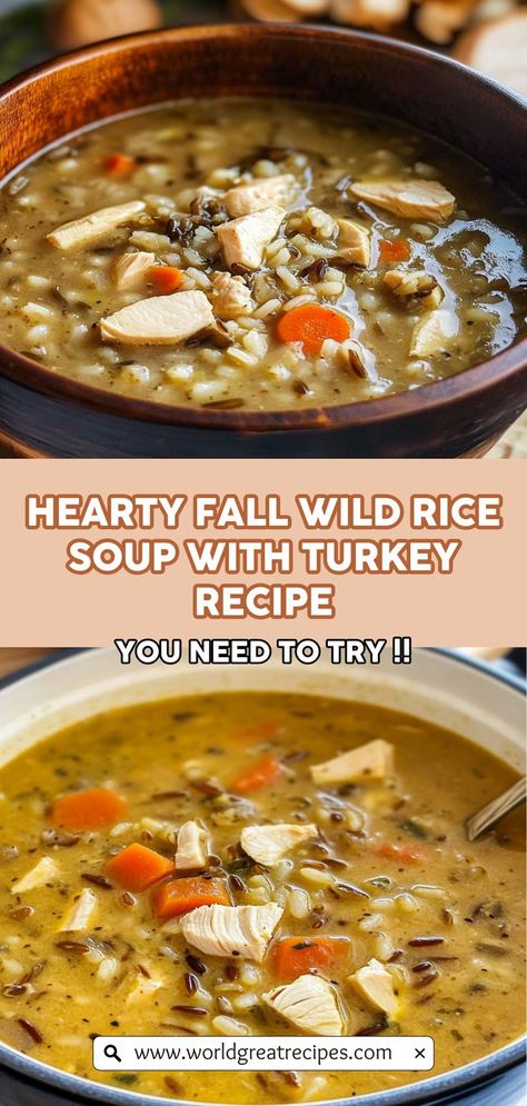 Discover the perfect blend of comfort and nutrition with this Autumn Wild Rice Soup with Turkey. Featuring wholesome ingredients like carrots, celery, and fresh herbs, this soup is as delicious as it is nutritious. The wild rice adds a chewy texture while the turkey brings lean protein, making it an ideal meal for health-conscious eaters. Quick to prepare and easy to store, it's a fantastic option for family dinners or cozy nights in. Get ready to savor every spoonful! Turkey And Wild Rice Soup Instant Pot, Cream Of Turkey And Wild Rice Soup, Easy Wild Rice Recipes, Turkey Wild Rice Soup Recipes, Wild Rice Turkey Soup, Rice Vegetable Soup, Turkey Rice Bowl Recipe, Turkey And Wild Rice Soup, Autumn Wild Rice Soup