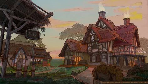 Cottage Concept Art, Feng Zhu Design, Farm Cartoon, Feng Zhu, Farm Town, Farm Village, Fantasy Village, Fairy House Crafts, Fantasy Town