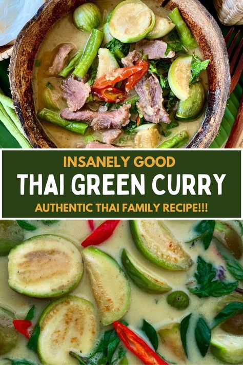 Thai green curry in a coconut shell and a close-up. Green Thai Curry, Curry Pork, Green Curry Sauce, Green Curry Recipes, Chickpea Curry Recipe, Curry Recipes Easy, Best Thai Food, Thai Green Curry, Curry Recipes Indian