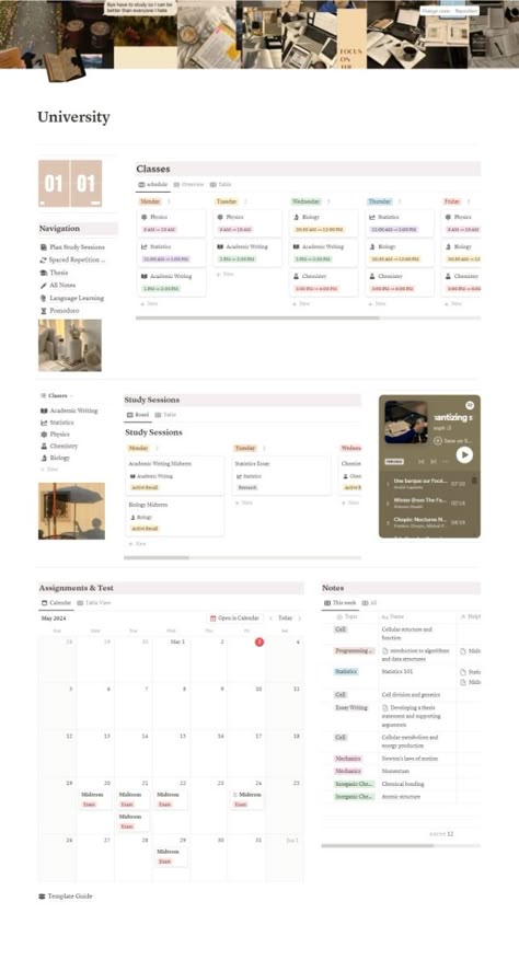 Aesthetic Notion Dashboard For All Your Student Planning & Tracking Needs!
This Student Notion Planner includes various templates for organizing and managing different aspects of school life, including classes, notes, study sessions, Assignments and Test calendar, language learning, Pomodoro, Flashcards.  #Notiontemplate #Notion #Notiondashboard #Digitalplanner #Studentplanner Organizing Ideas Study, Notion Academic Planner, Notion School Notes, Notion Template Life Planner, Notion School Aesthetic, Free Notion Templates Aesthetic Student, Notion School Dashboard, Notion For School, Notion Student Dashboard