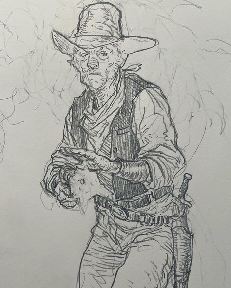 Western sketch drawn by Karl Kopinski. #gunfighter #gunslinger #karlkopinski #drawingideas #cowboy #drawing Karl Kopinski Portrait, Karl Kopinski Sketches, Cowboy Drawing, Karl Kopinski, Sketching References, My Artstyle, Boy Sketch, Graphite Art, Comic Graphic