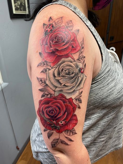 Flowers With Ladybugs Tattoo, Rose Sleeve Tattoo, Bud Tattoo, Bug Themed Tattoo Sleeve, Ladybug On Rose Tattoo, Flower And Bug Tattoo Sleeve, Rose Bud Tattoo, Painted Lady Butterfly Tattoo, Rose Sleeve