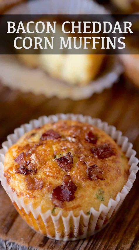 Bacon Cheddar Corn Muffins come with bacon and cheese baked right inside!  A comforting, slightly sweet and salty breakfast or brunch item. Is there any better way to start the day? #bacon #baconcheddarmuffin #savorymuffin Sweet Corn And Cheese Muffins, Bacon And Cheese Corn Muffins, Bacon Cheddar Cornbread Muffins, Baking With Bacon, Sweet And Salty Breakfast, Bacon And Cheese Muffins, Bacon Ideas, Savory Breakfast Muffins, Cheddar Corn