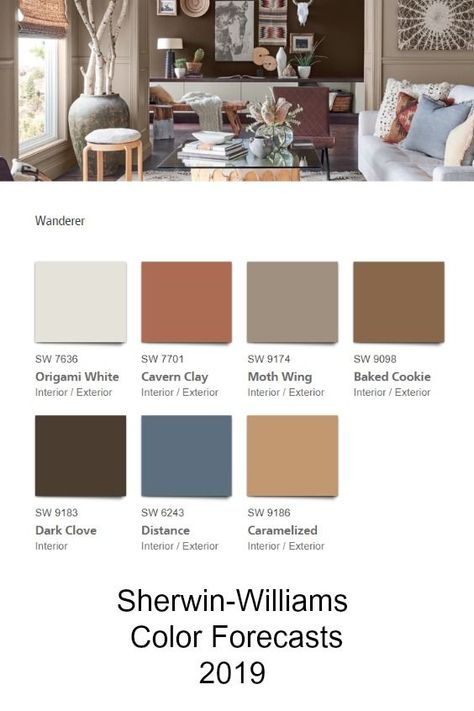 2019 Color Forecast - Wanderer - INFLUENCES: Carefree Bohemian | The High Plains | Unbridled Adventure | Southwestern Twist Southwestern Paint Colors Colour Schemes, Moth Wing Paint Color, Cavern Clay Paint Color Schemes, Southwestern Paint Colors, Southwestern Color Palette, Cavern Clay, Terracotta Color Palette, Southwestern Colors, Door Colour