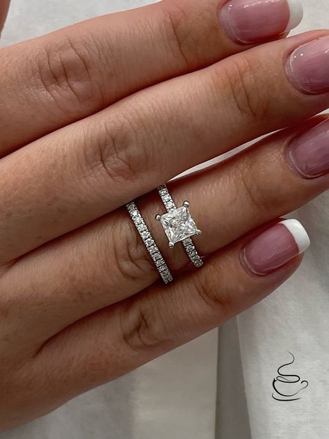 Princess Cut Engagement Ring With Matching Band, Wedding Band With Princess Engagement Ring, Princess Ring Stack, Princess Cut Engagement Ring With Diamond Band, 1ct Princess Cut Engagement Ring, Square Wedding Rings Princess Cut, Princess Cut Ring With Band, Square Wedding Ring Set, Stacked Engagement And Wedding Rings Silver