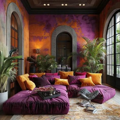 Purple And Orange Boho Bedroom, Purple Orange Living Room, Purple And Orange Interior Design, Purple Maximalist Living Room, Orange Couch Maximalist, Burnt Orange Decor, Moroccan Lounge, Maximalist Interior, Yellow Living Room