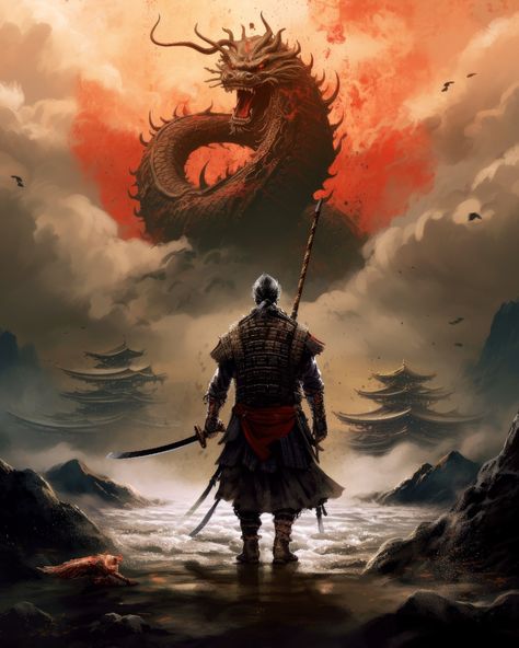 Samurai Warrior Facing Dragon .  Follow me for more 👈🔥❤️ . . #asianart, #asianculture, #asianfashion, #asianinspired, #asianmythology, #dragons, #fantasyart #conceptart #epicart, #cutedragons, #aiart, #dragonart Ninja Wallpaper, Japanese Art Samurai, Medieval Tattoo, Batman Concept, Samurai Tattoo Design, Samurai Wallpaper, Bob Ross Paintings, Warriors Art, Art Nouveau Illustration