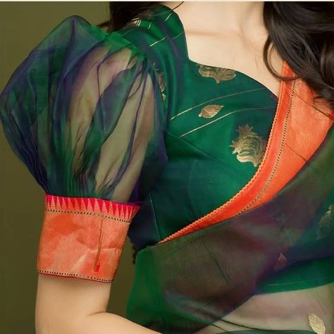 Orgenza Saari Blouse Design Full Sleeve, Net Puff Sleeve Blouse Indian, Elbow Hands Designs For Blouses, Blouse Sleeves Design Indian, Blouse Designs Simple, Latest Fashion Blouse Designs, Blouse Designs Images, Brocade Blouse Designs, Netted Blouse Designs