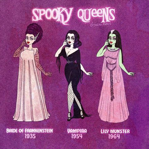 ✨🌸 The Pulp Girls 🌸✨ on Instagram: “🖤🦇 Spooky Queens are forever! 🦇🖤 SWIPE FOR MORE + MERCH! 🖤 Are you a year-round spooky queen?? These paper dolls sure are! Who’s your…” The Love Witch, Lily Munster, Halloween Queen, Arte Van Gogh, Horror Icons, Halloween Inspo, Bride Of Frankenstein, Fantasias Halloween, Vintage Horror