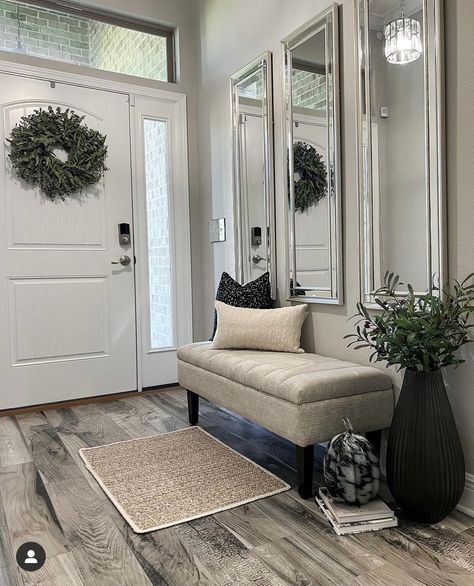 Front Door Decor Ideas Entrance Inside, Entrance Hall Ideas With Mirror, Entrance Mirror Ideas Front Entry Wall, Enterway Ideas Modern Front Door, Foyer Mirror Ideas Entry Ways Modern, Front Entry Ideas Interior Design, Wide Entryway Ideas Foyers, Indoor Entrance Decor, Square Entrance Hall Ideas