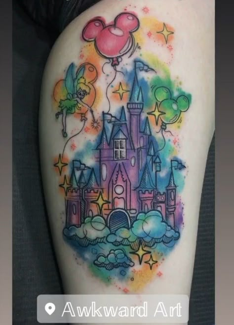 Disney Castle Tattoo, Disney Inspired Tattoos, Mickey Tattoo, Disney Sleeve Tattoos, Castle Tattoo, Disney Sleeve, Bright Tattoos, Mouse Tattoos, Marvel Tattoos