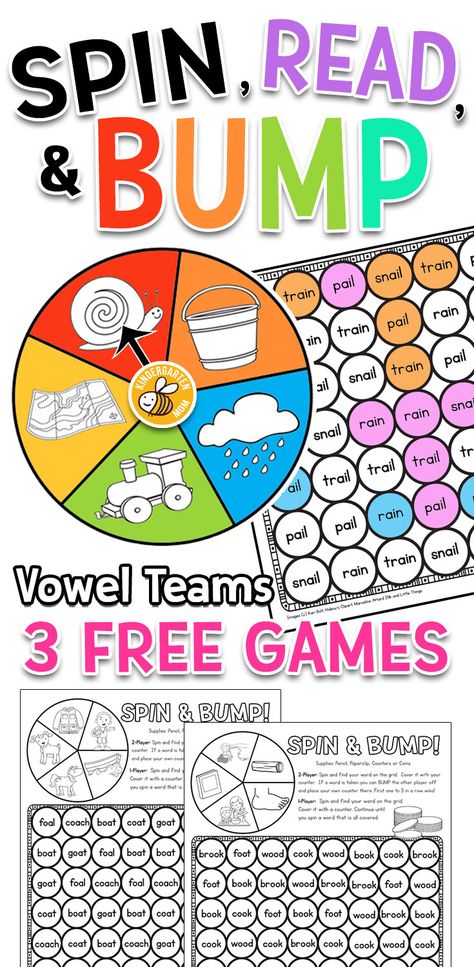 Free Reading Games for Kindergarten! A collection of three free Spin, Read, and BUMP learning games for children working on vowel teams.  These games are hands-on and tons of fun! via @prekmoms Team Games For Work, Free Phonics Games, Reading Games For Kindergarten, Team Games For Kids, Vowel Teams Activities, Vowel Team Words, Reading Games For Kids, Games For Kindergarten, Teaching Vowels