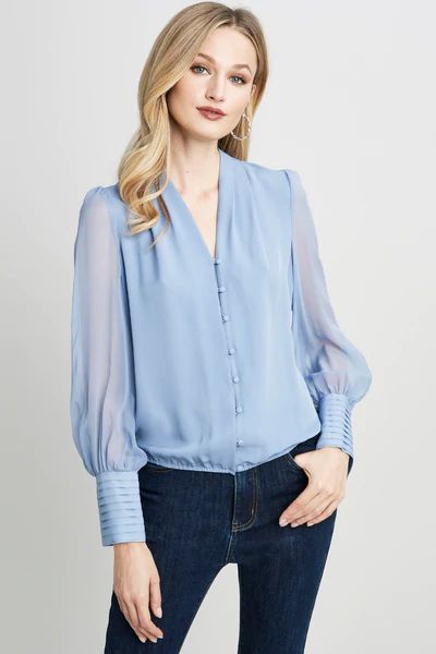 Women's Tops | Shirts, Knits, Hoodies & More – Page 2 – Elie Tahari Georgette Tops For Jeans, Crop Top For Jeans, Georgette Crop Top, Halter Shirt, Pleated Neck, Tie Neck Shirt, Georgette Tops, Blue Night, Gorgeous Blouses