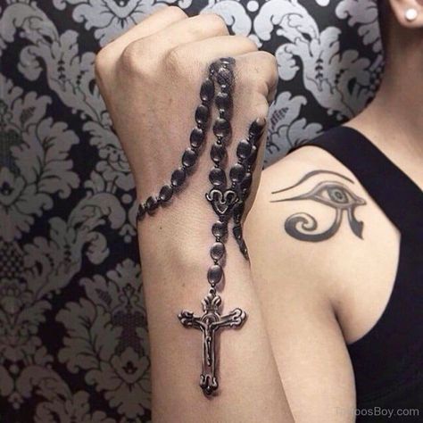 Rosary Bead Tattoo Ideas, Designs, and Meanings - TatRing Rosary Tattoo On Hand, Eye Of Ra Tattoo, Rosary Bead Tattoo, Rosary Tattoo, Cross Tattoo For Men, Tattoo Henna, Religious Tattoos, Tattoo For Son, Aztec Art