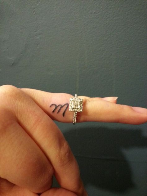 Initals Tattoo On Ring Finger, Spouse Tattoos On Ring Finger, Finger Tattoos For Couples Initials, Initial Tattoo Inside Finger, M Ring Finger Tattoo, M Ring Tattoo, M Letter Finger Tattoo, M Initial Tattoo Finger, Husband Initial Tattoo Ring Finger