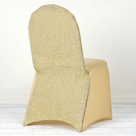 $3.99 | Combining the seamless luster of premium quality spandex with the glamorous glint of metallic glitter, these four-way stretchable chair covers will ooze timeless elegance and regal appeal to your party space. Besides being dreamily dazzling, these heavy-duty chair covers are equally affordable, reusable, and durable. The attributes of stain and wrinkle resistance make these fab covers a perfect choice for indoor and outdoor events, holiday parties, weddings & other festive celebrations. Gold Chair Covers, Champagne Chairs, Chair Covers Party, Banquet Chair Covers, Tall Chairs, Party Chairs, Gold Chair, Chair Covers Wedding, Spandex Chair Covers