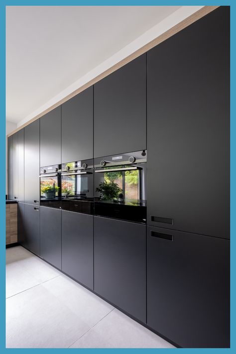 Hiding Appliances, Contemporary Black Kitchen, Kitchen Tall Units, Silestone Worktop, Dramatic Kitchen, Modern Kitchen Flooring, Cabinets To Ceiling, Greige Kitchen, Concrete Creations