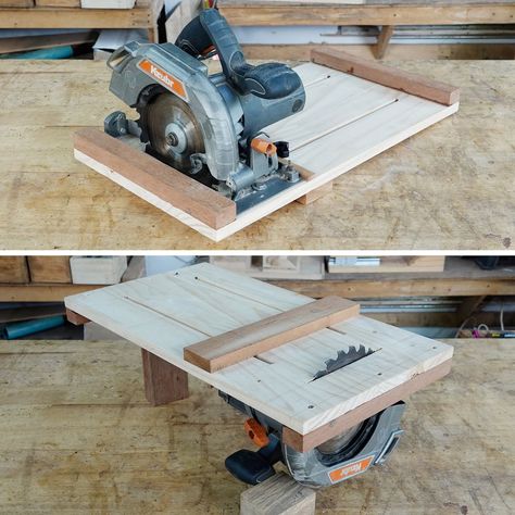 Table Saw From Circular Saw, Circular Saw Track Guide Diy, Diy Circular Saw Table, Diy Track Saw Guide, Transformation Table, Circular Saw Guide Rail, Diy Tools Woodworking, Home Made Table Saw, Circular Saw Jig