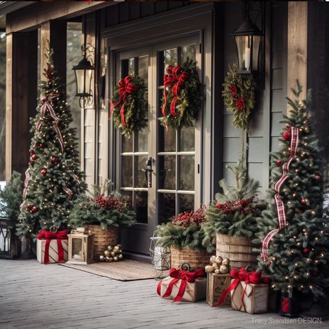 Christmas Trees On Porch Outdoor, Tree Farm Christmas Decor, Mountain Lodge Christmas Decor Ideas, Christmas Mantels Rustic, Old Fashion Christmas Decorating Ideas, Outdoor Christmas Porch, Christmas Porch Ideas, Christmas Porches, Natal Country