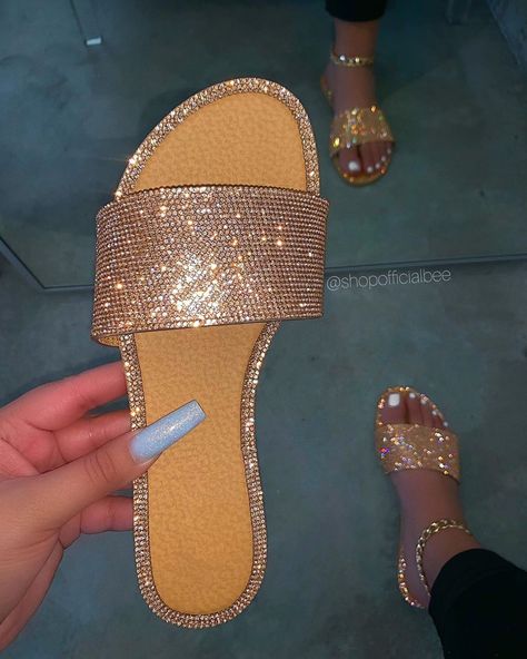 Fancy Sandals, Sandal Slides, Rose Gold Sandals, Slides Slippers, Wedge Loafers, Rhinestone Flats, Gold Sandals, Cute Sandals, Fur Boots