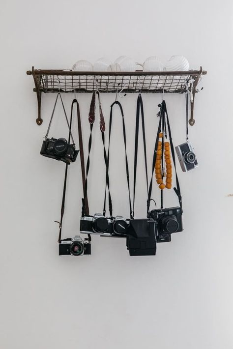 Hanging Cameras On Wall, Camera Storage Cabinet, Camera Shelves, Camera Display Ideas, Camera Collection Display, Antique Camera Display, Australian Apartment, Photographer Decor, Photography Workspace