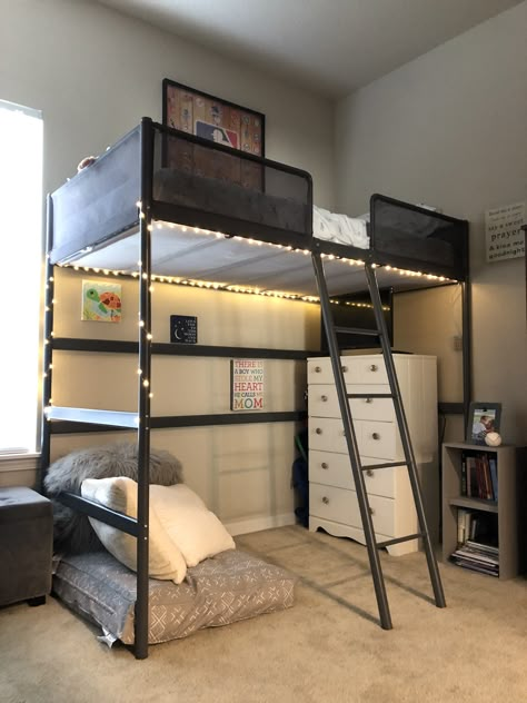 Ikea Loft Bed Ideas For Small Rooms, Tuffing Loft Bed Ideas Ikea, Ikea Tuffing, Loft Bed Decor, Room Ideas Loft Bed, Loft Bed With Curtains, Beds Loft, Loft Bed Ideas, Loft Style Bedroom