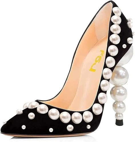 Amazon.com | FSJ Slip On Pearls Beaded High Heels Slip On Pumps Pointed Toe Mirror Effect Shiny Party Dress Club Shoes for Women Size 11 Black-Pearls | Pumps Party Dress Club, Tailored Skirt, Club Shoes, Slip On Pumps, Mirror Effect, A Line Mini Skirt, Heels & Wedges, Black Party, Crazy Shoes