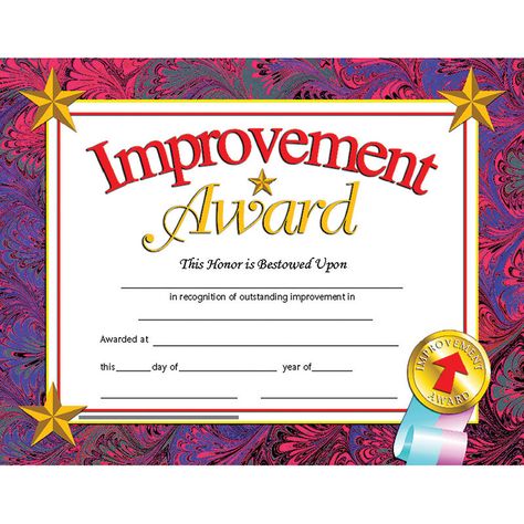 Improvement Award Attendance Certificate, Free Printable Certificate Templates, Student Incentives, Classroom Incentives, Student Certificates, Free Printable Certificates, Award Template, School Awards, Award Ideas