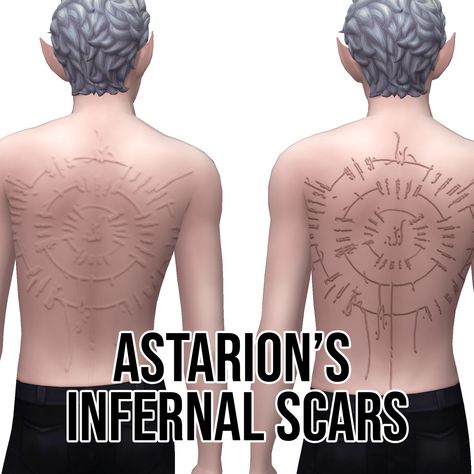 Created by itsonlythee Howdy! This is my first skin detail for the Sims 4. I've been playing A LOT of Baldur's Gate 3 lately and wanted to make some sims based on the companions. Here's Astarion's back scars which you can read about if you don't care about spoilers, or just play through his story to learn about in game. Someone on reddit shared a clear image of Astarion's scars that was provided to them by Larian as tattoo reference and I took the opportunity to bring it into TS4. Maxis Match Sims 4 Tattoos, Sims 4 Baldurs Gate, Sims 4 Astarion Cc, Astarion Scar Tattoo, Sims 4 Baldurs Gate Cc, Astarion Back Tattoo, Unnatural Skin Tones Sims 4 Cc, Astarion Sims 4, Sims 4 Astarion