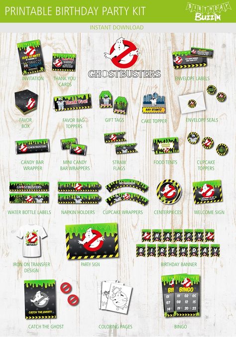 This Ghostbusters birthday party printable kit has everything you need to create an amazing Ghostbusters themed party for a fan of the movies. The kit includes everything from decorations, favors, cake decorations, invitations, games and more, with templates that are editable so you can personalize them for your party. The design includes a template of green, black and yellow and features lots of elements that fans will appreciate. Ghostbusters Birthday Party Decorations, Ghostbuster Birthday Party, Ghostbusters Printables, Ghostbusters Party Ideas, Ghostbuster Birthday, Ghostbuster Party, Ghostbusters Cake, Ghost Busters Birthday Party, Ghostbusters Halloween