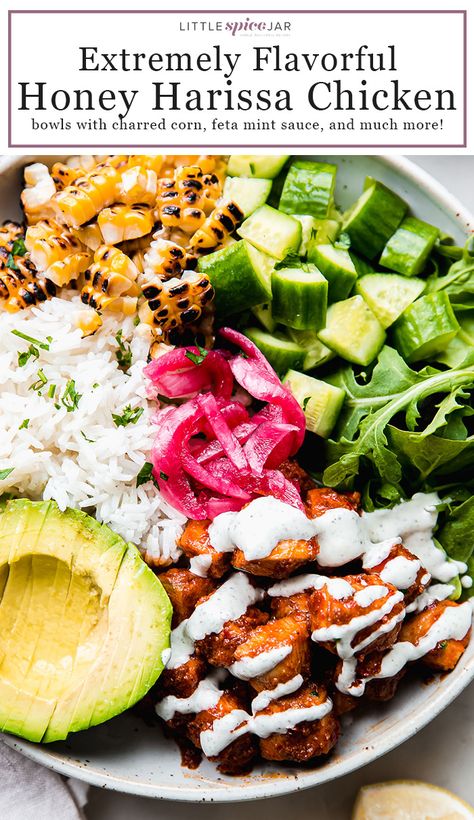 Honey Harissa Chicken Bowls – these CAVA inspired bowls are loaded with flavor! Fluffy rice, topped with greens, cucumbers, pickled onions, charred corn, avocados, and harissa chicken! #cavabowl #harissachicken #honeyharissachicken #bowls #chickenrecipes | Littlespicejar.com Honey Harissa Chicken, Mint Sauce Recipe, Corn Rice, Charred Corn, Avocado Bowl, Harissa Chicken, Salad Inspiration, Chicken Bowls, Mint Sauce