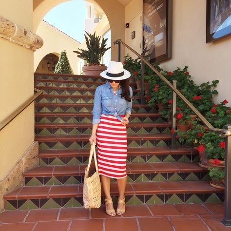 Patriotic Outfit and Recent Finds.  Nautical Red and White striped midi dress - button up Chambray shirt - Panama hat - Tenni Sandal - Chanel sunglasses - blush perf Avalon Tote.  Click on the following link to see all of the photos and outfit details: http://www.stylishpetite.com/2014/07/patriotic-outfit-and-recent-finds.html July Outfit Ideas, Striped Dress Outfit, Red Striped Dress, 4th Of July Outfit, Stylish Petite, White Striped Skirt, Patriotic Outfit, Striped Skirt, Petite Fashion