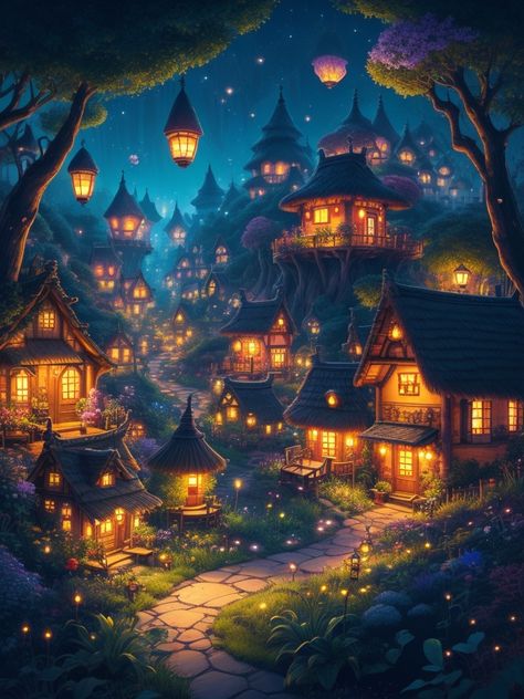 Fairy Tale Village Illustration, Fairytale Locations, Fairy Town, Fairytale Village, Magical Village, Cedar Board, Fairytale Land, Town Drawing, Fantasy Village