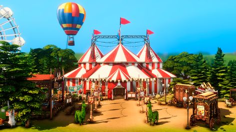 Sims 4 Carnival Lot, Bloxburg Amusement Park, Sims 4 Circus Cc, Sims 4 Carnival, Sims 4 Park, Ts4 Lots, Circus Props, Haunted Circus, Hot Air Balloon Tattoo