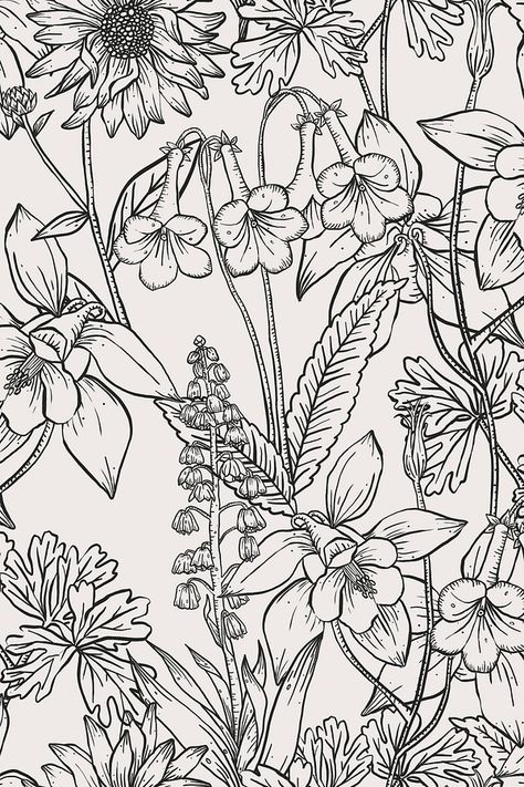 Aesthetic flower line art background | Free Photo Illustration - rawpixel Flower Black And White Aesthetic, Floral Illustrations Black And White, Line Art Background, Vintage Line Art, Vintage Flower Backgrounds, Blossoming Flower, Flower Line Art, Line Art Flowers, Flower Line Drawings