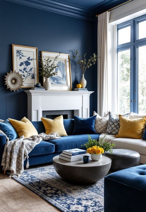 Blue and Yellow Boho Decor Blue Beige Yellow Living Room, Royal Blue And Yellow Living Room, Blue Yellow Living Room, Living Room Yellow Accents, Blue And Yellow Living Room, Boho Decor Ideas, Boho Space, Yellow Living Room, Deep Indigo