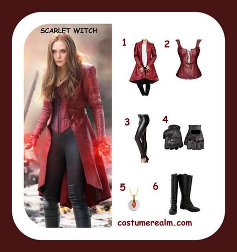 How To Dress Like Scarlet Witch Costume, Diy, Scarlet Witch Costume Guide Female Marvel Costumes, Volturi Outfits, Diy Scarlet Witch Costume, Scarlett Witch Costume, Scarlet Witch Halloween Costume, Witch Costume Ideas, Scarlet Witch Halloween, Witch Ideas, Marvel Halloween Costumes