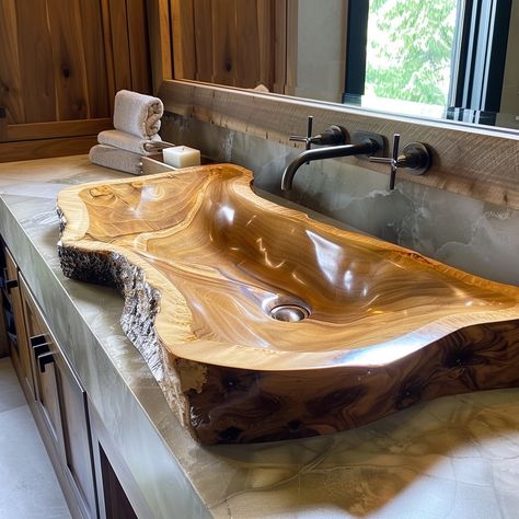 Elevate your bathroom with our handcrafted Live Edge Bathroom Sink. Featuring raw, organic edges and unique grain patterns, this sink brings rustic charm and natural beauty to any space. Experience the perfect blend of functionality and timeless design. Conceptual AI Art Follow @ecosapiens for more! Wood Sink Bathroom, Live Edge Bathroom, Zen Bathrooms, Wooden Sink, A-frame Interior, Raw Furniture, Rustic Sink, Boat Upholstery, Wood Projects Plans