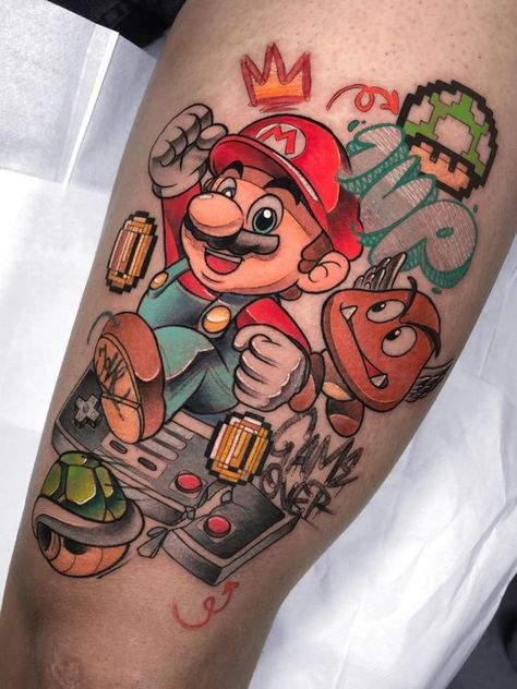 Are you tired of similar photos for people? Look through more than 50 unique ideas of your favorite cartoons gathered in your article, especially for you. Mario Tattoos, Super Mario Tattoo, Tatuaje Trash Polka, Nintendo Tattoo, Mario Tattoo, 90s Tattoos, 16 Tattoo, Gamer Tattoos, Geek Tattoo