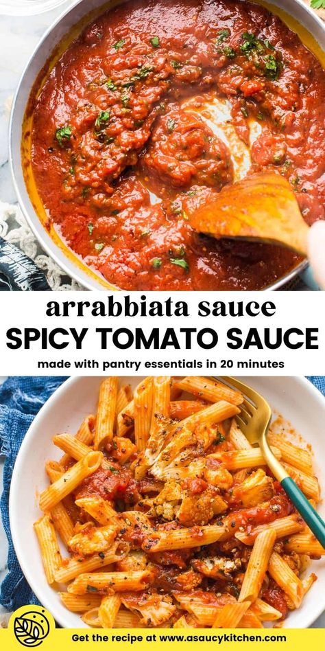 With little more than a few simple ingredients and a gentle simmer, you're only about 20 minutes away from making your very own, delicious homemade arrabbiata sauce! Arrabbiata is such a versatile sauce - enjoy it on your next pasta night, on pizzas, as a dipping sauce and so much more! | Paleo + Vegan Homemade Spicy Pasta Sauce, Arabiatta Sauce Pasta, Spicy Arrabiata Sauce, Homemade Arrabiata Sauce, Tomato Based Pasta Sauce, Arriabata Sauce Pasta Dishes, Arrabbiata Sauce Recipe, Arribita Sauce Recipe, Easy Homemade Pasta Sauce