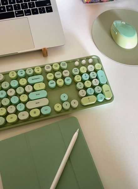 As an entrepreneur, I am always looking for ways to stay inspired and spark my motivation. I love the thick keys and wireless mouse, this is by far my favorite part about my home office! #homeoffice #workfromhome #greenkeyboard #entrepenuer Green Stationary Aesthetic, Green Keyboard Aesthetic, Sage Green Keyboard, Green Aesthetic Keyboard, Green Study Aesthetic, Mint Aesthetic, Mint Green Aesthetic, Soft Mint, Aesthetic Colors