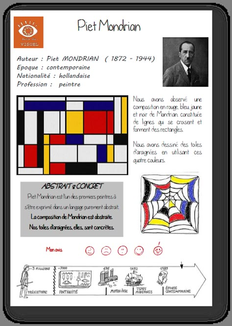 Mondrian (Le cartable de cancoillotte) Mondrian Kids, Mondrian Art Projects, Art Handouts, Mondrian Art, Art History Lessons, Art Through The Ages, Istoria Artei, Art Worksheets, Art Lessons For Kids