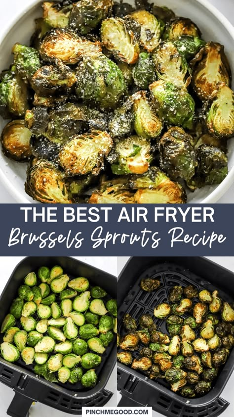 These Air Fryer Brussel Sprouts are perfectly seasoned with olive oil, salt and pepper and crisped up in the air fryer then drizzled with a super delicious dijon lemon dressing. Just the best way to enjoy crispy roasted Brussel sprouts. Vegan, gluten free and ready in 15 minutes! The easiest healthy side dish! Spicy Green Bean Recipes, Air Fryer Brussel Sprouts, Oven Roasted Brussels Sprouts, Garlic Hummus Recipe, Air Fryer Brussels Sprouts, Easy Healthy Side Dishes, Fried Brussel Sprouts, Cooking Brussel Sprouts, Crispy Brussel Sprouts