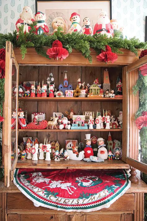 hutch filled with vintage holiday figurines Christmas Displays, Flea Market Finds, Christmas Display, Vintage Holiday, Hutch, Flea Market, Iphone Wallpapers, Christmas Home, Old World