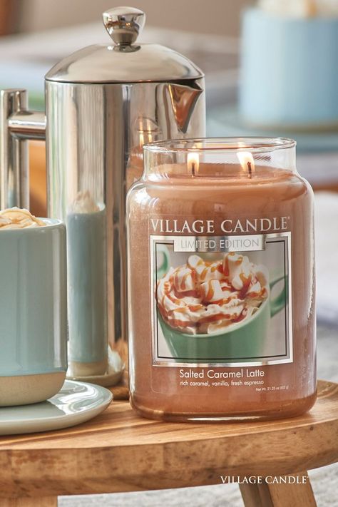 Salted Caramel Latte, Candles Aesthetic, Village Candle, Caramel Latte, Slytherin Aesthetic, Candle Aesthetic, Sweet Scents, Popcorn Maker, Salted Caramel