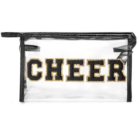 PRICES MAY VARY. Black Cheerleader Style: Elevate your cheerleading game with our vibrant black bordered CHEER cosmetic bag, featuring bold black "CHEER" lettering accented with shimmering gold glitter. This bag exudes the dynamic spirit and energy of cheerleading, adding a pop of enthusiasm to your ensemble. Sturdy PVC Construction: Crafted from sturdy PVC plastic, our CHEER letter cosmetic pouch is designed to withstand the rigors of cheerleading practice and travel. Splash-proof, stain-resist Cheerleader Coach Gifts Ideas, Cheer Backpack Accessories, Cheer Bag Accessories, Cheer Comp Gift Ideas, Cheer Party Favors, Cheer Comp Gifts, Gifts For Cheer Coaches, Cheerleader Gifts For Team, Cheer Gifts For Team Goody Bags