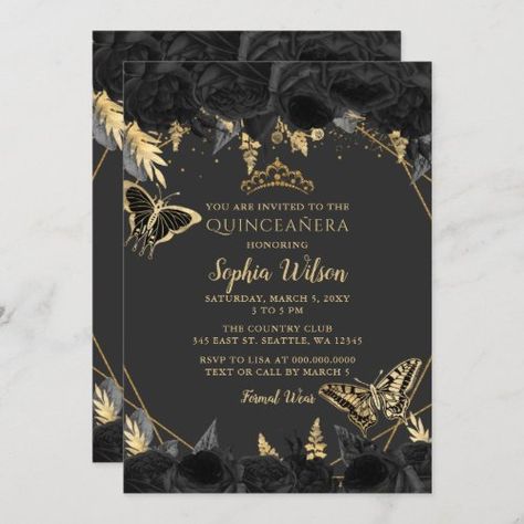 $2.95 | Elegant Black Gold Floral Butterfly Quincea�era #quinceanera, glitter, mis quince, gold, vintage, tiara, mis princess crown, butterfly, elegant, black Quince Invitations Black, Black Quince Invitations, Emo Quince, Black And Gold Quinceanera Theme, Black And Gold Quince, Butterfly Quinceanera Theme, Gold Quinceanera Theme, Butterfly Sweet 16, Baby Blue Quinceanera