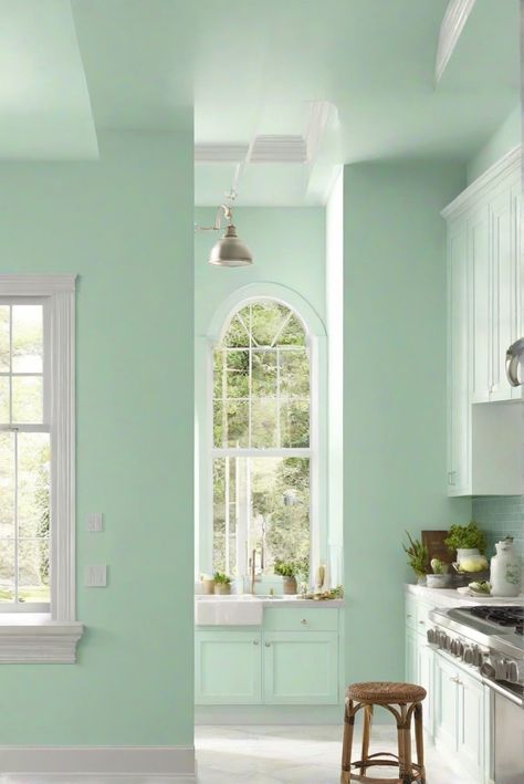 home decor interior design, interior bedroom design, living room interior, designer wall paint Mint Green Paint Walls, Mint Green Paint, Mint Green Paints, Mint Green Kitchen, Light Oak Floors, Kitchen Styling Modern, Kitchen Design Styles, Mint Green Color, Kitchen Paint